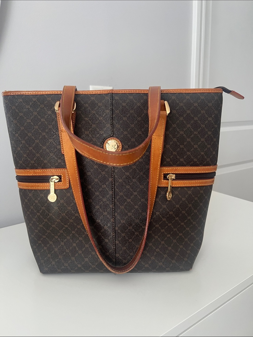 Rioni Brown Patterned Tote with Tan Trim and Gold Hardware